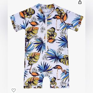 Girls Print Zip Rash Guard Ruffled UPF 50+ Short Sleeve Bathing Suit Swimsuit